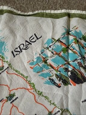 Vintage 1960’s Hebrew art Tea towel Israel pictorial Map white blue orange
